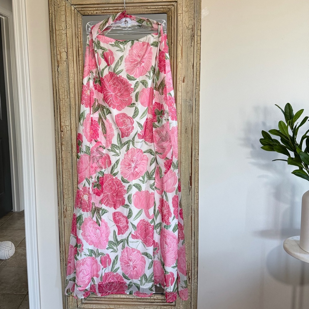 TCEC Strapless Pink and Green Floral Dress with Scarf